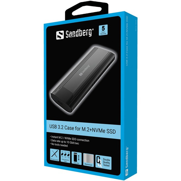 Sandberg külső ssd ház - usb 3.2 case for m.2+nvme ssd (usb-c; m.2/nvme; max.:2tb, fekete)