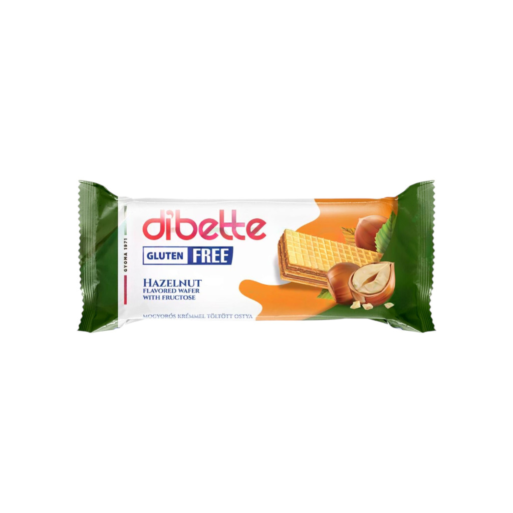 Dibette mogyorós ízű krémmel töltött mártatlan ostyaszelet, fruktózzal gluténmentes 50 g