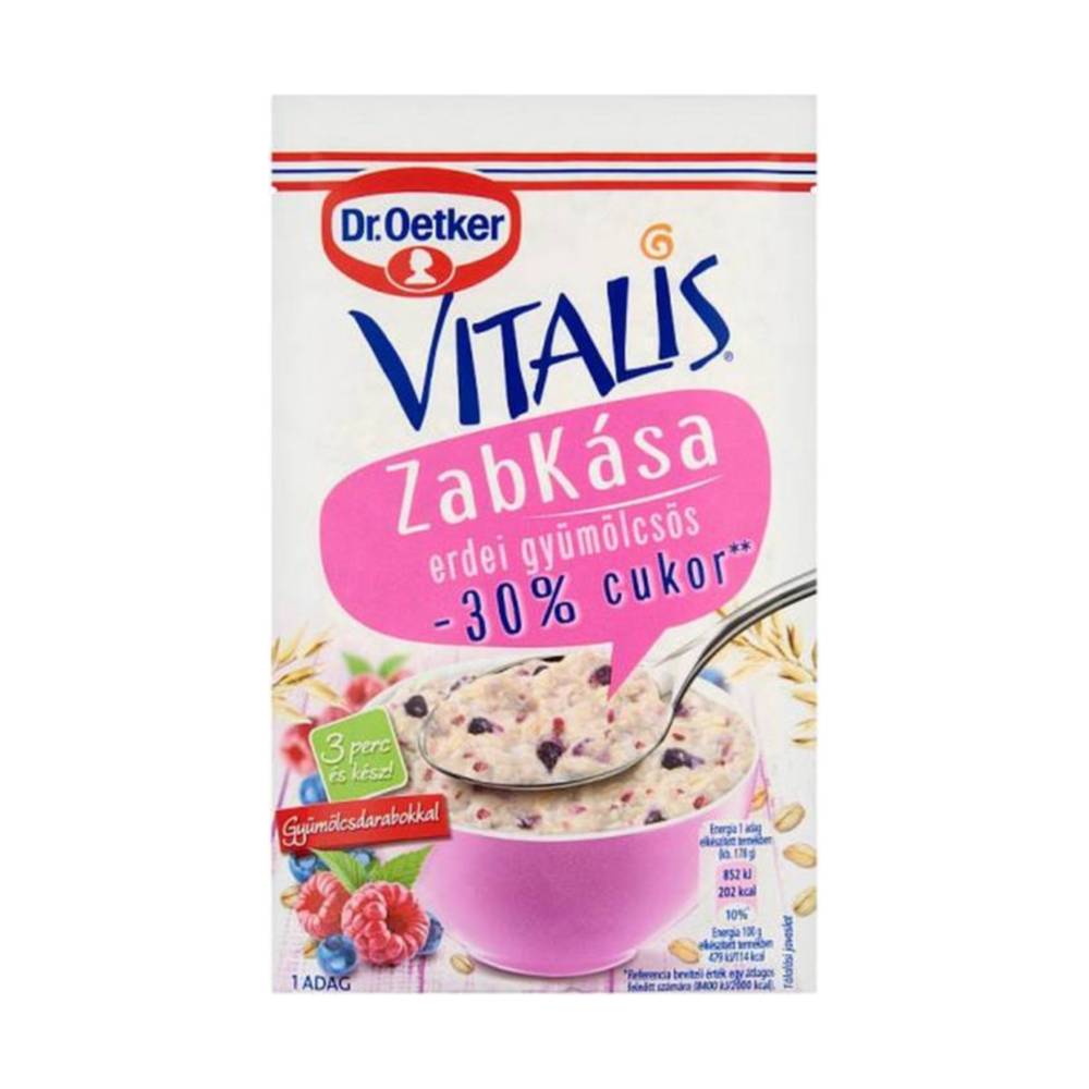Płatki owsiane Dr. Oetker Vitalis Supergrains z owocami leśnymi o obniżonej zawartości cukru, 53 g