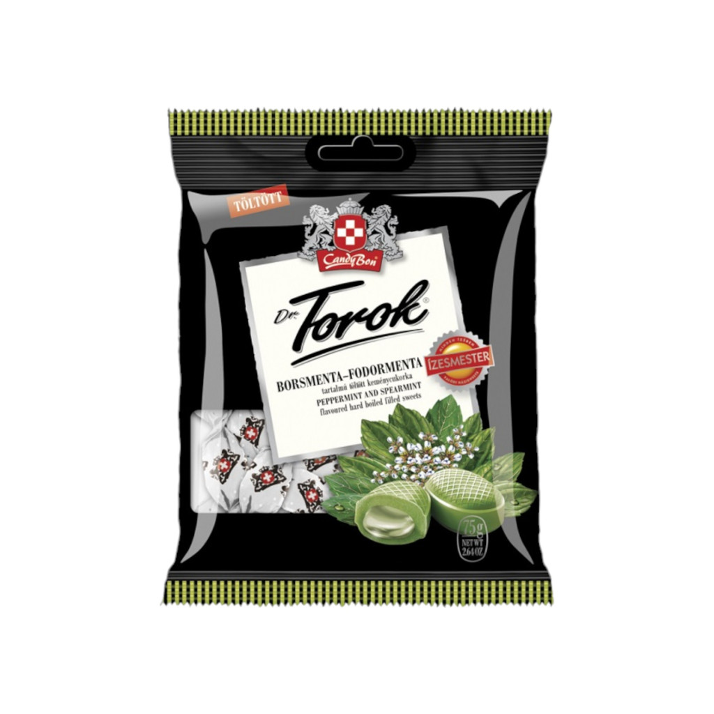 Dr. Torok tvrdé cukríky plnené mätou. 75 g