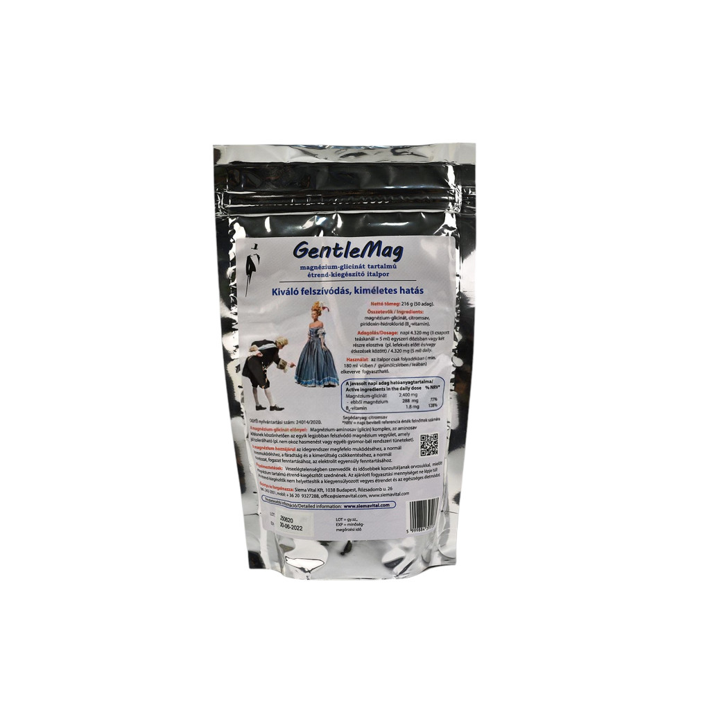 Băutura cu supliment alimentar Gentlemag conține 216 g de pulbere de magneziu glicinat.