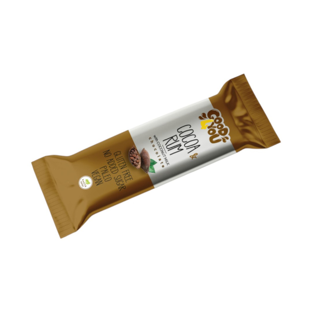 Good4you cocoa-rum flavored slice with coconut-based chocolate coating, 25g