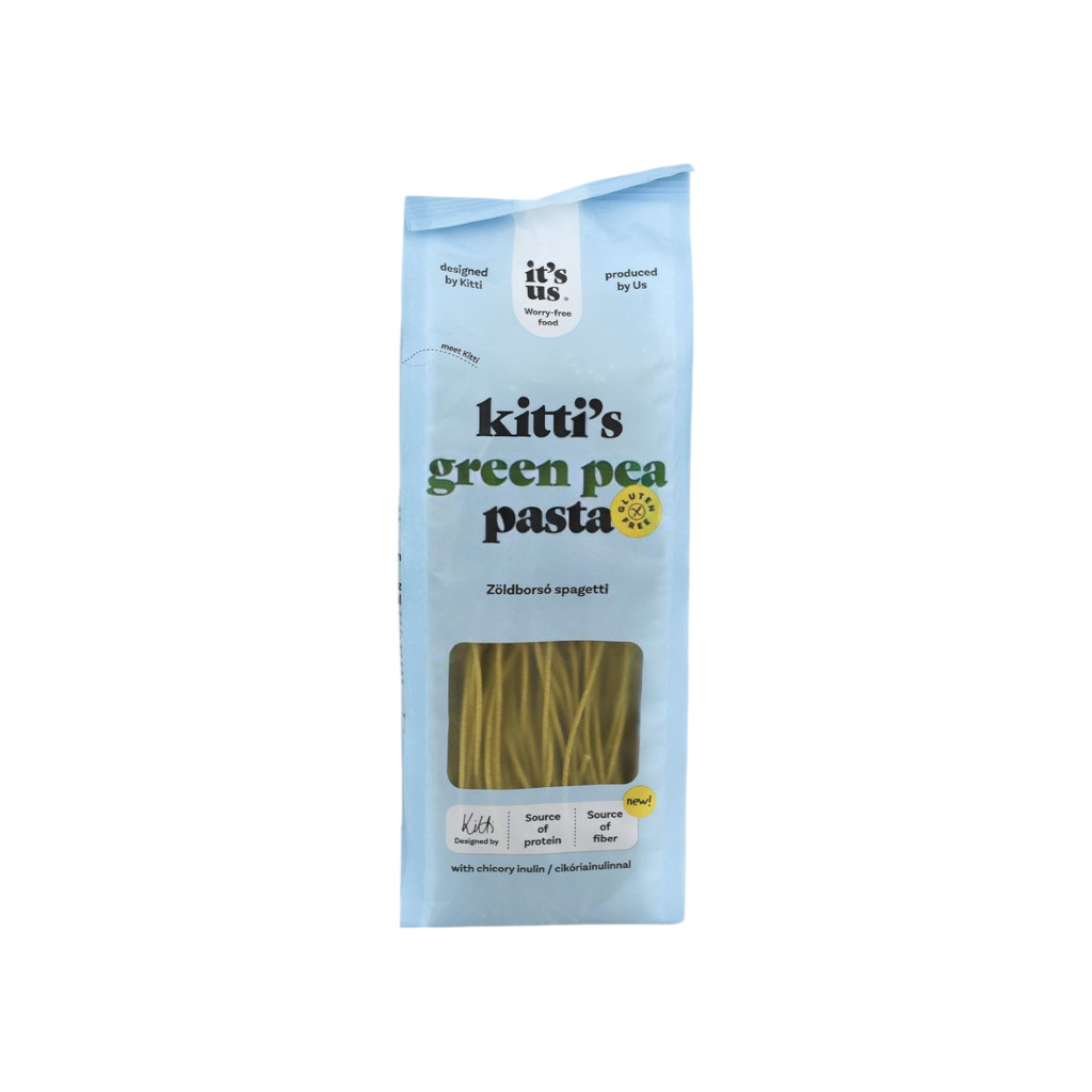 Este o pachet de paste spaghetti cu mazăre verde și căței de usturoi de 200g