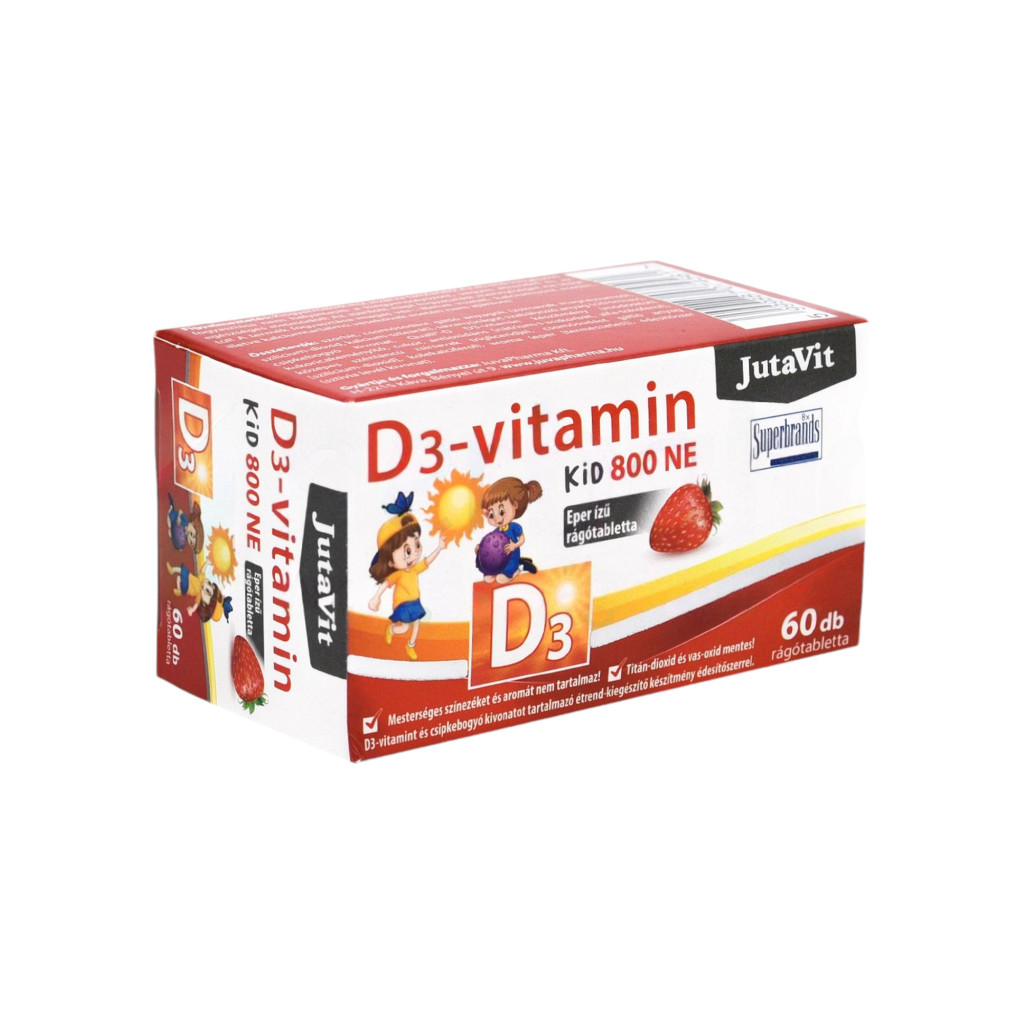 Vitamina D3 JutaVit 800 UI KID, pastilă de mestecat cu aromă de căpșuni, 60 bucăți