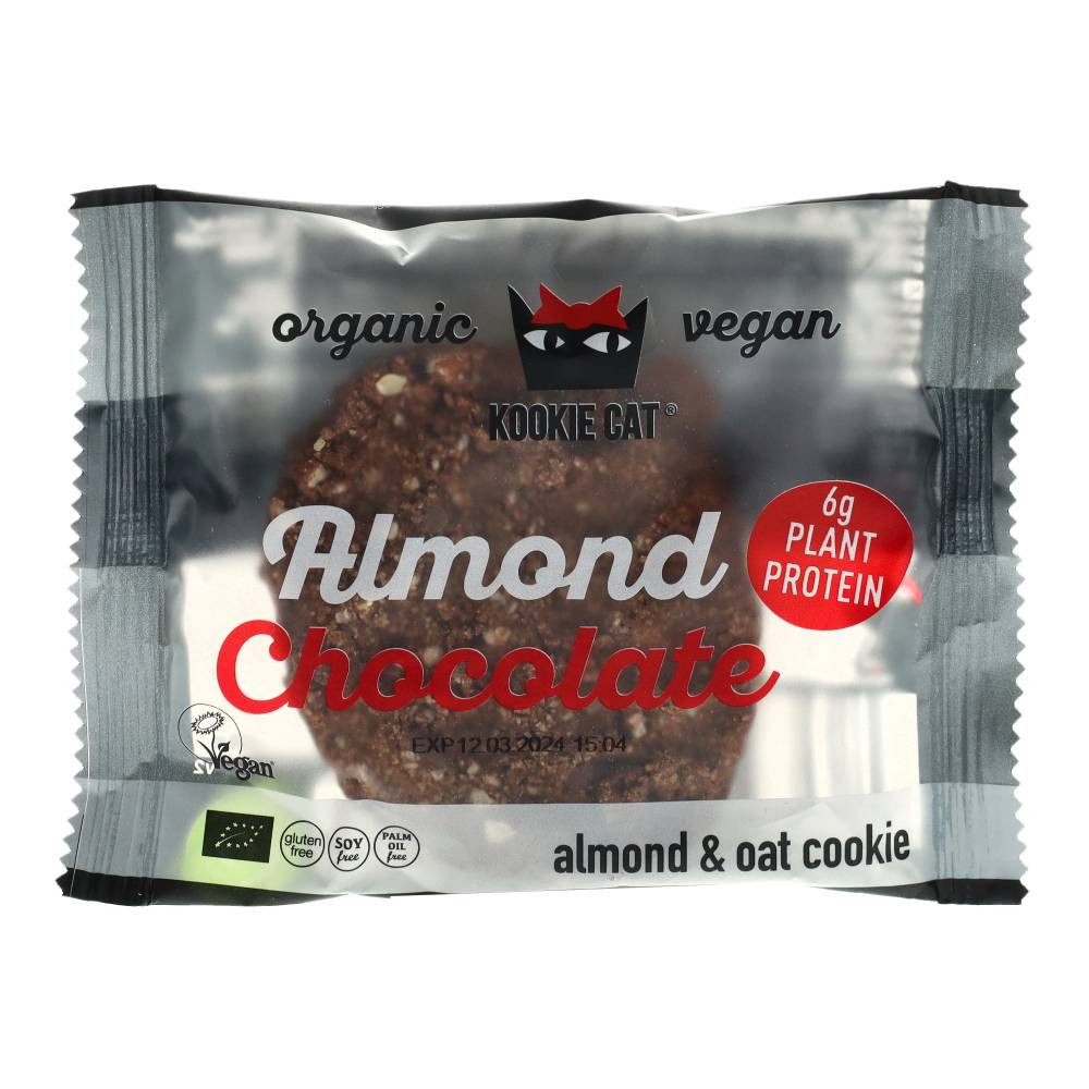 Kookie cat bio este un biscuit vegan cu migdale fără gluten, cu proteină de ciocolată, 50 g