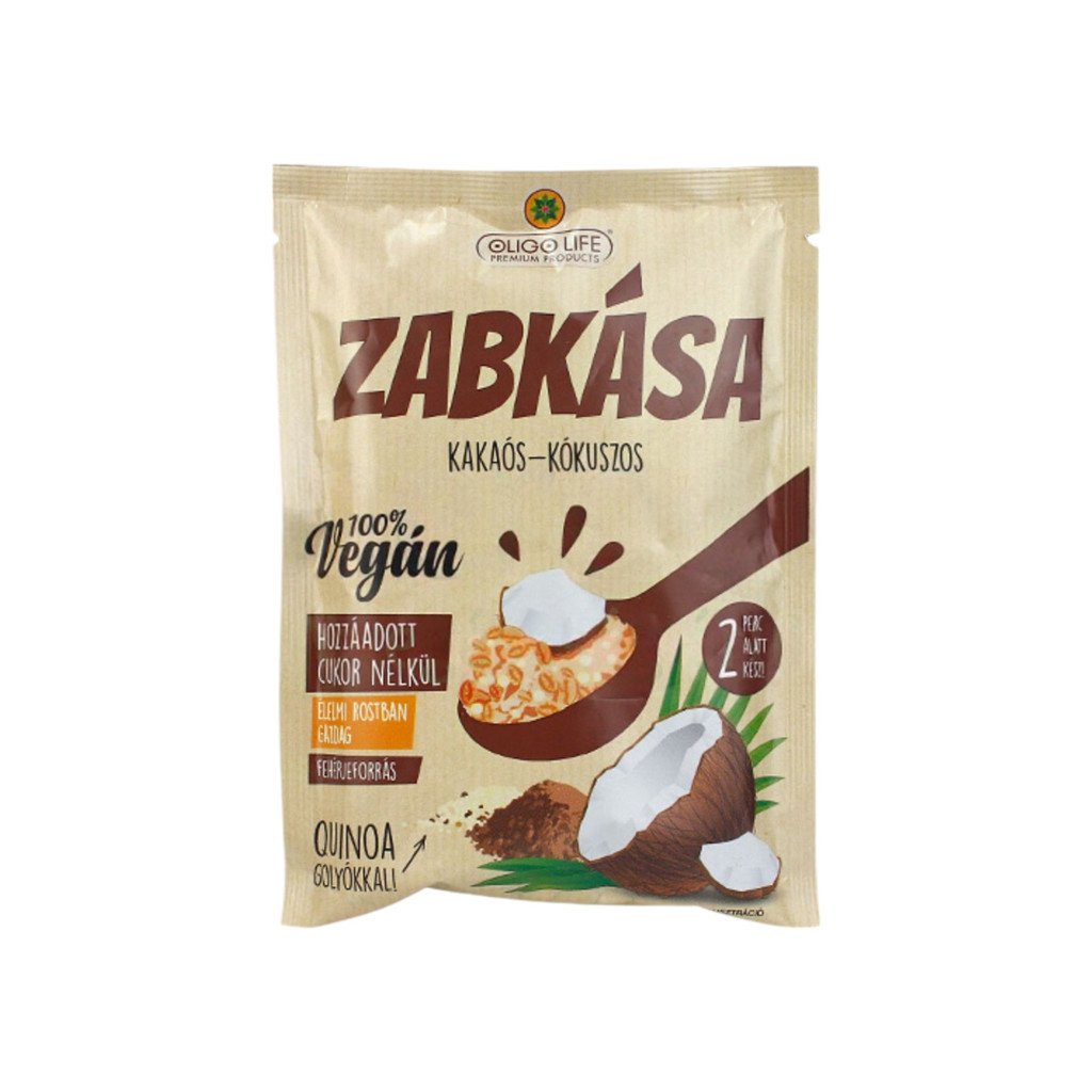 Ovăz vegan Oligolife cu cacao și nucă de cocos îndulcit cu îndulcitori, 65 g