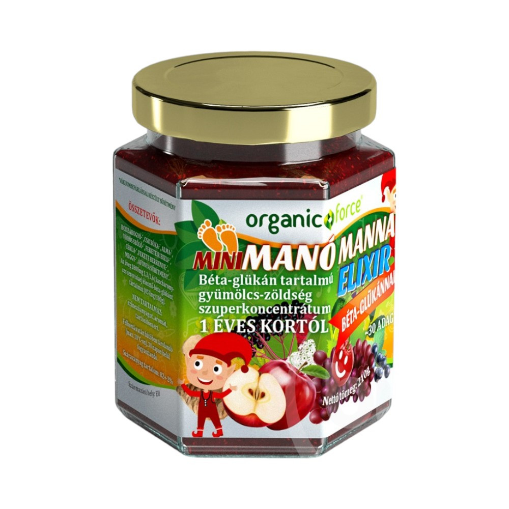 ORGANIC FORCE MINI MANÓ MANNA ELIXÍR BÉTA-GLÜKÁN TARTALMÚ GYÜMÖLCS-ZÖLDSÉG KONCENTRÁTUM GYEREKEKNEK