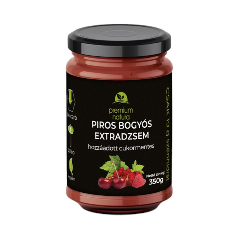 Premium Natura csökkentett energia tartalmú extra dzsem édesítőszerekkel vegyes piros ribizli-meggy-