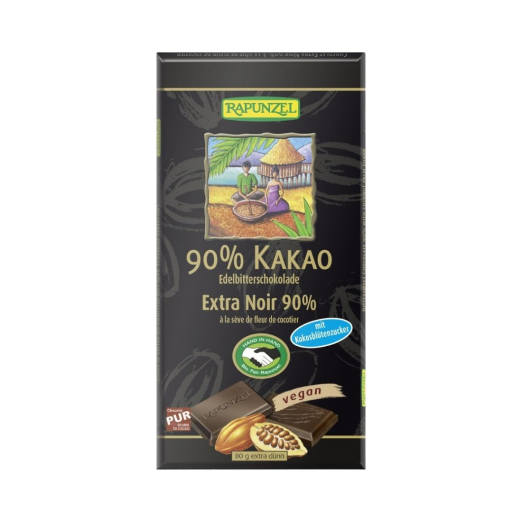 Bio gorzka czekolada Rapunzel z 90% kakao i cukrem z kwiatu kokosa, 80 g