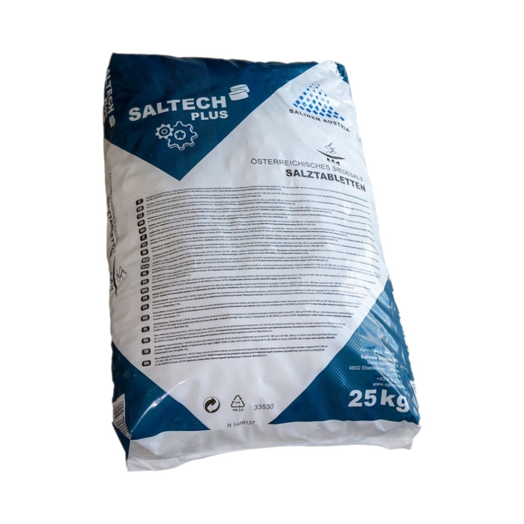 Sůl Saltech Plus ve formě tablet 25 kg, určená pouze pro průmyslové použití, není vhodná pro lidskou ani zvířecí spotřebu.
