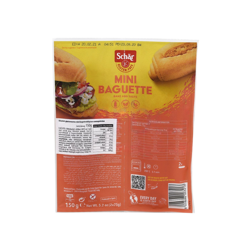 Baghetă mini fără gluten Schar pre-coaptă 2x75g 150g