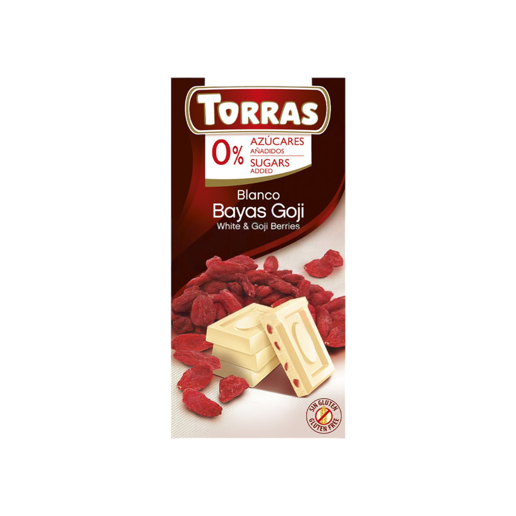 Ciocolată albă fără gluten și fără zahăr cu boabe de goji 75 g