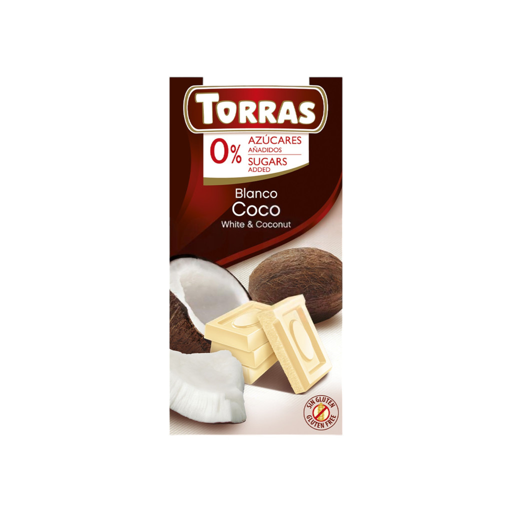 Bezlepková a bezcukrová bílá čokoláda s kokosem Torras 75 g