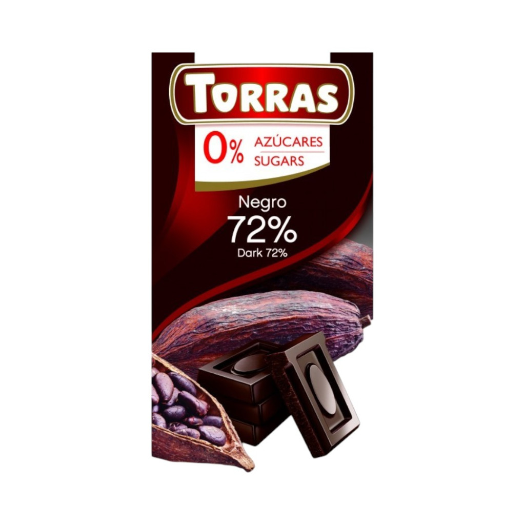Tmavá čokoláda Torras bez lepku 72% bez přidaného cukru 75 g
