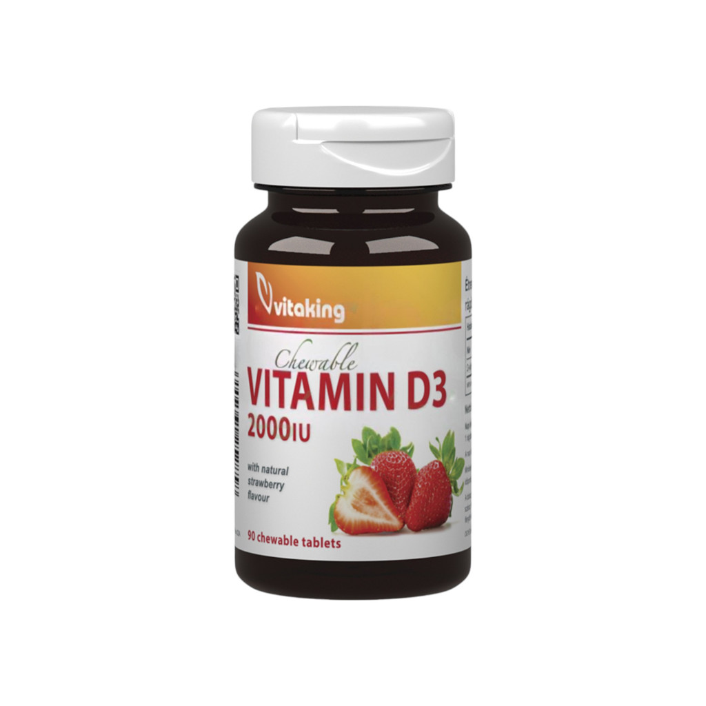 Vitamín D3 ve formě jahodové žvýkací tablety s dávkou 2000 NE, 90 kusů