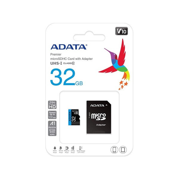 Adata microsd kártya - 32gb microsdhc uhs-i class10 a1 v10 (r/w: 100/20 mb/s) + adapter