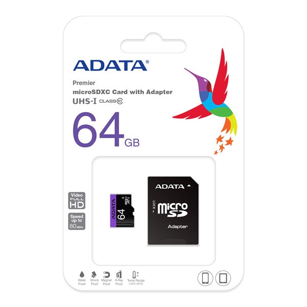 Adata microsd kártya - 64gb microsdxc uhs-i class10 (r/w: 80/10 mb/s) + adapter