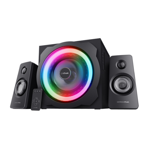 Trust hangszóró 2.1 - gxt629 tytan (rgb led; 60w rms; erp ii; hangerőszabályzó; 3,5mm jack; 230v tápcsatlakozó)