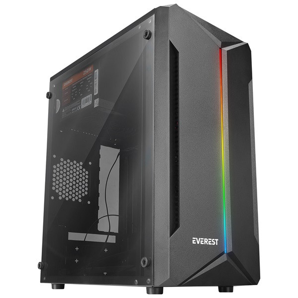 Everest számítógépház - saber rgb peak 250w (fekete; micro atx / mini-itx, 250w táp, 2xusb2.0 )