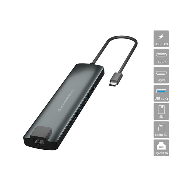 Conceptronic notebook dokkoló - donn06g (usb-c to hdmi+usb-c pd:60w+usb-a+sd/tf+rj-45, fekete)