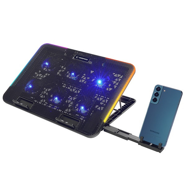 Rampage notebook hűtőpad 15,6"-ig - sixpower r9 (fém rács; 6xventi, rgb, 2xusb-a, kék led)