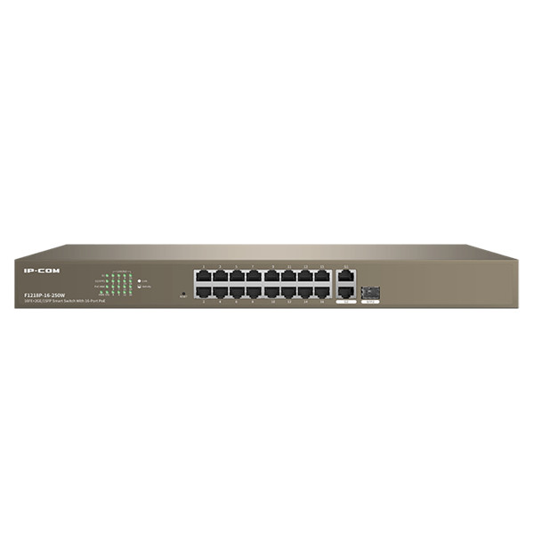 Ip-com switch vezérelhető poe - f1218p-16-250w (16x100mbps + 2x1gbps; 1x1gbps sfp; 16 af/at poe+ port; 230w)