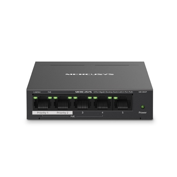 Mercusys switch  poe - ms105gp (5 port 1gbps; 4 af/at poe+ port; 65w; 250m; fém ház)