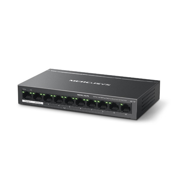 Mercusys switch  poe - ms110p (10 port 100mbps; 8 af/at poe+ port; 65w; 250m; fém ház)