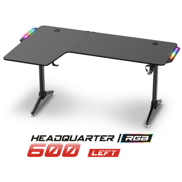Spirit of gamer gamer asztal - headquarter 600 l (mdf lap, fém lábak, fekete, rgb led háttérvilágítás, 140 x 60 x 75cm)