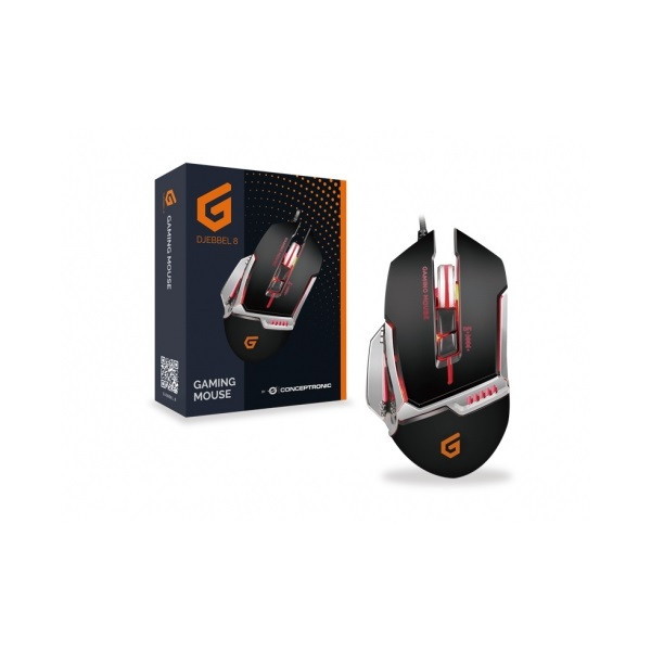 Conceptronic egér - djebbel02b (optikai, 4000dpi, 500hz, 8 gomb, programozható, súlyozható, harisnyázott kábel, fekete)