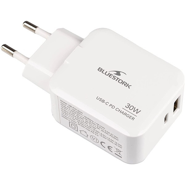 Bluestork telefon töltő - pw-nb-30-c-a/2 (usb-c, usb-a, 30w, fehér)
