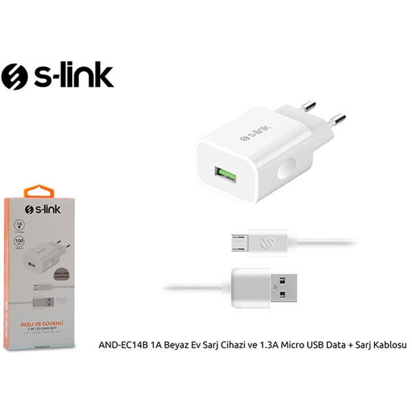 S-link hálózati töltő - and-ec14b micro usb (1db usb, 5v/1a, 5w, micro usb 100cm adat+töltőkábel, fehér)
