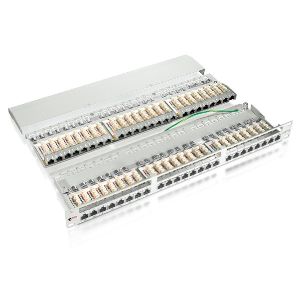 Equip patch panel - 326448 (48 port, cat6, 1u, árnyékolt, fekete)