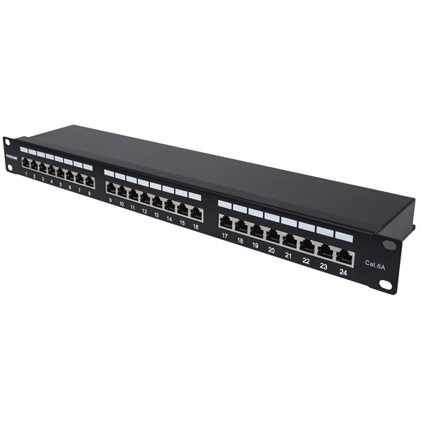 Manhattan patch panel - cat6a ftp árnyékolt patch panel, 24 portos, 1u,  fekete