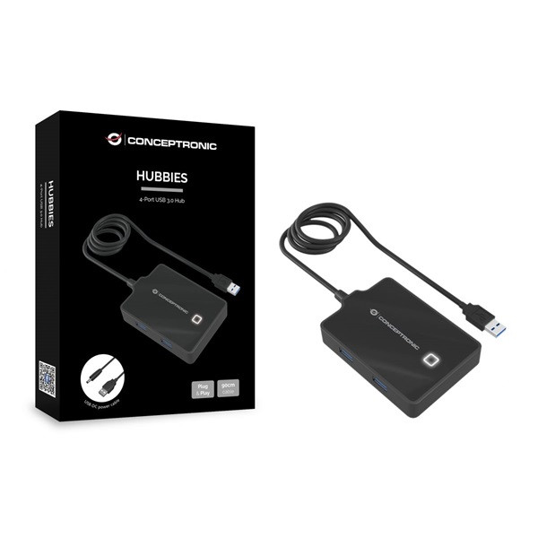Conceptronic aktív usb hub - hubbies11b (4 port, usb3.0, 90cm kábel, usb táp, fekete)