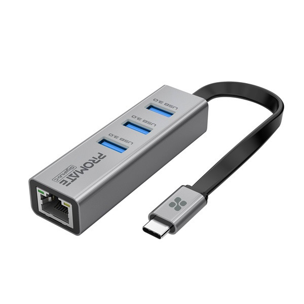 Promate usb hub - gigahub c (usb-c 4in1 hub, rj45, 2xusb 3.0, sd,msd, szürke)