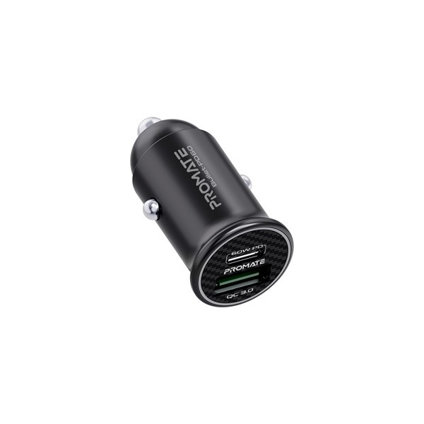 Promate autós töltő - bullet pd60 (szivargyújtós, dual port, 1xusb-a, 1xusb-c, 60w pd, qc3.0, fekete)