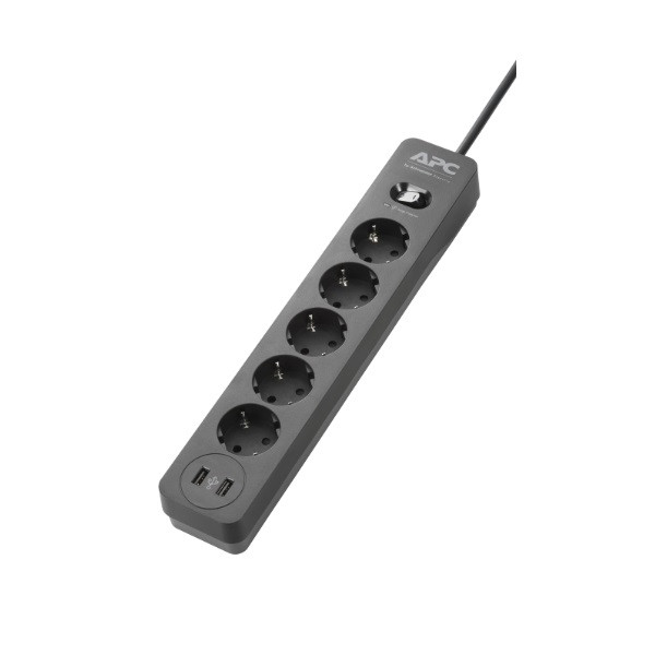 Apc túlfeszültségvédő - pme5u2b-gr (essential surgearrest, 5 aljzat, 2xusb, cee 7 schuko, 230v, 50/60 hz, fekete)