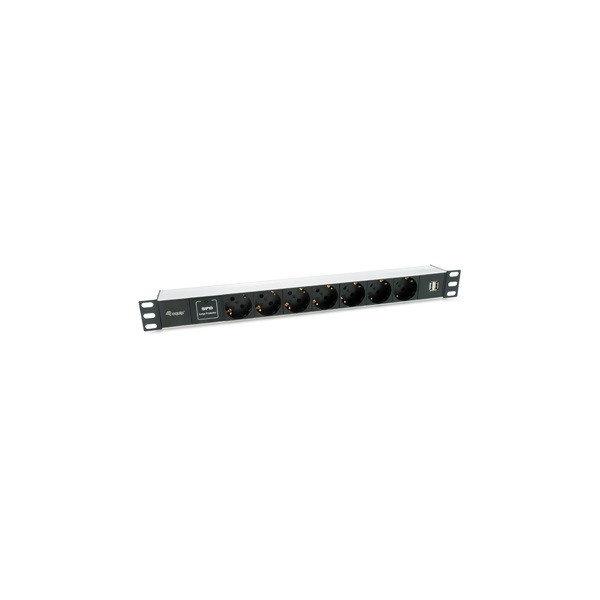 Equip hálózati elosztó - 333315 (schuko, 7x schuko/2x usb, rack 1u, 1,8m kábel, aluminium, fekete)