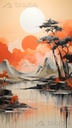 Paisaje de montaña al crepúsculo carmesí