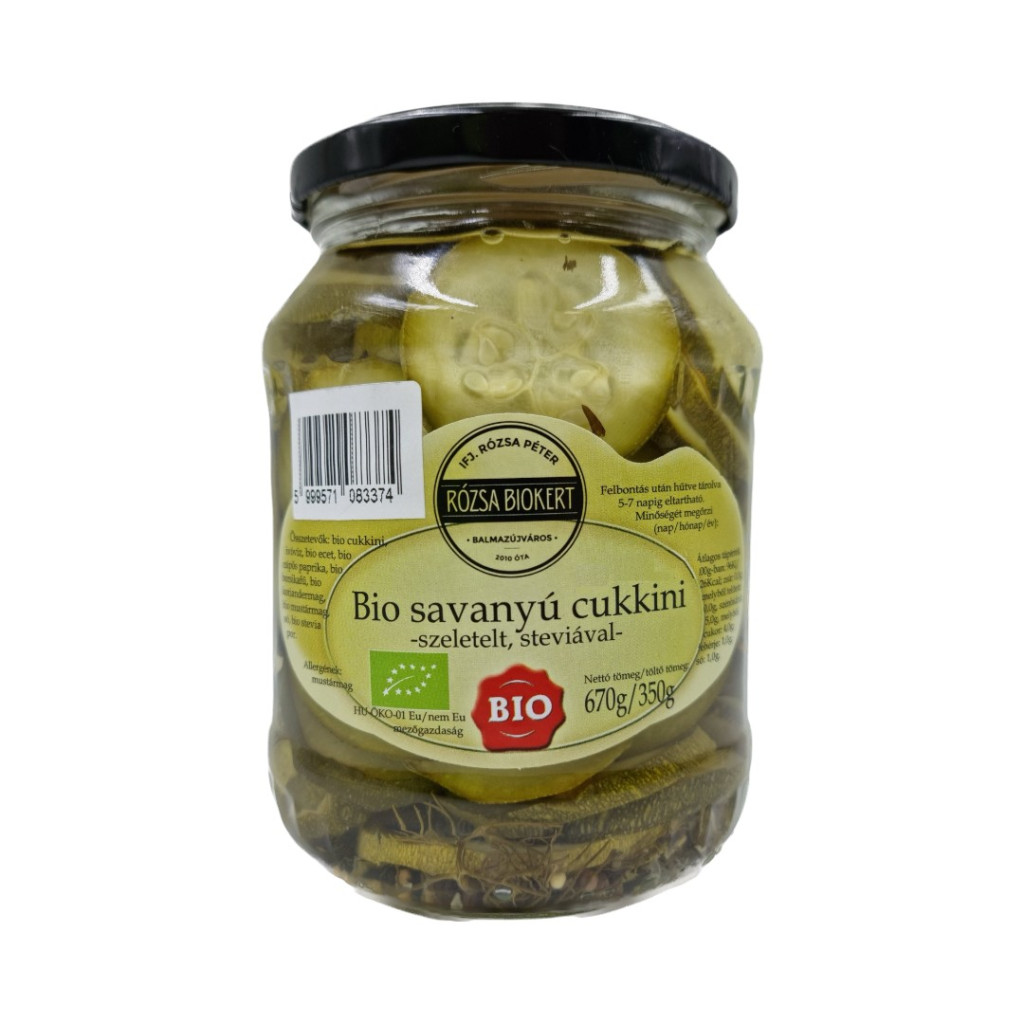 BIO Savanyú cukkini 670g Rózsa Biokert szeletelt, steviával