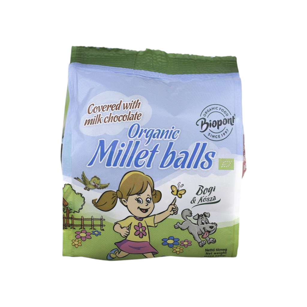 BioPont organic extruded millet balls with milk chocolate, 80 g