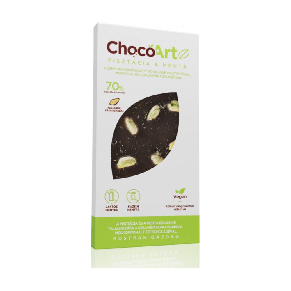 Tableta de ciocolată Chocoartz cu 70% cacao, pistăcie și mentă, îndulcită cu zahăr de flori de cocos, 80 g