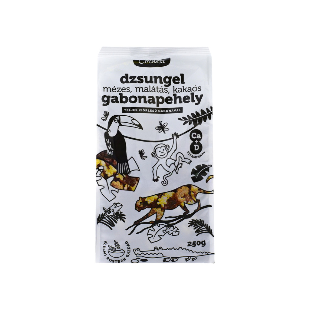 CORNEXI JUNGLE CEREAL CU MIERE, ORZ MALȚAT, CACAO ȘI CEREALE INTEGRALE CU CALCIU ȘI VITAMINA D