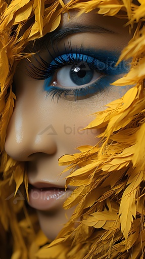 Mirada azul en medio de Plumas Doradas
