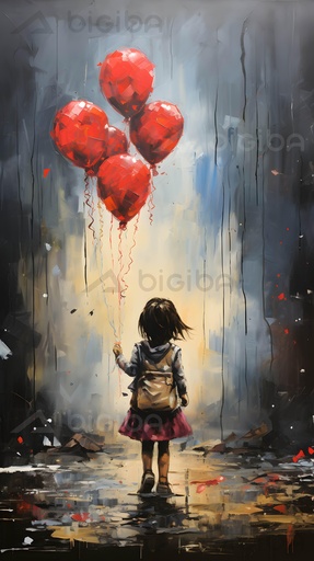 红色气球到多雨的天空